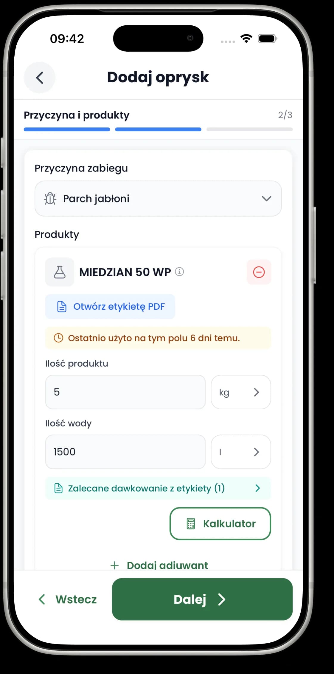 Dodawanie produktu i dawkowania w formularzu zabiegu