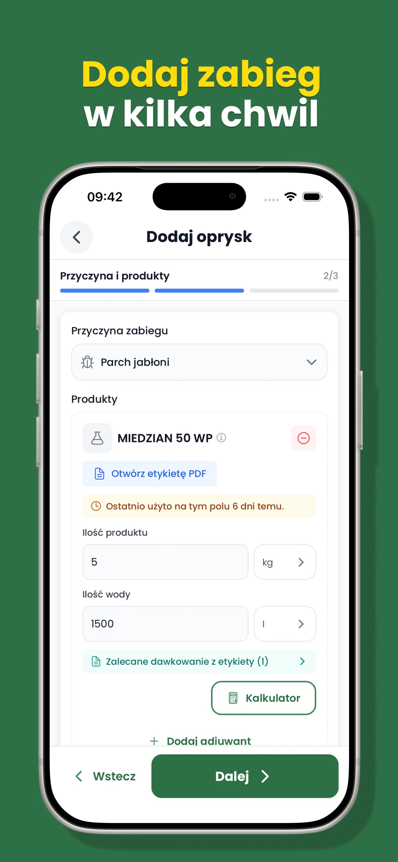 Dodawanie oprysku, produktu i dawki w aplikacji