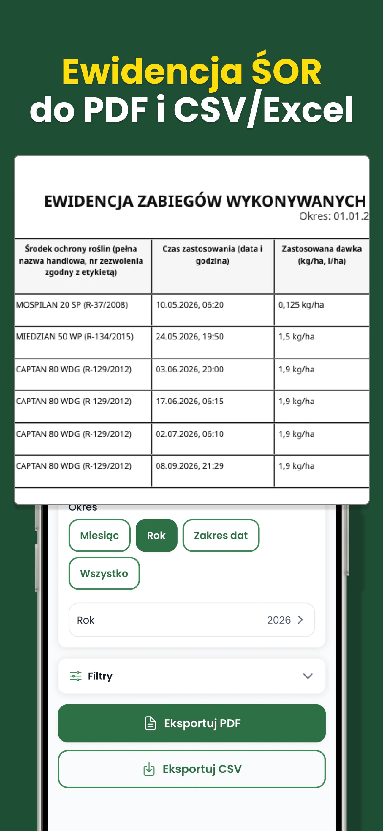 Eksport ewidencji środków ochrony roślin do PDF i CSV