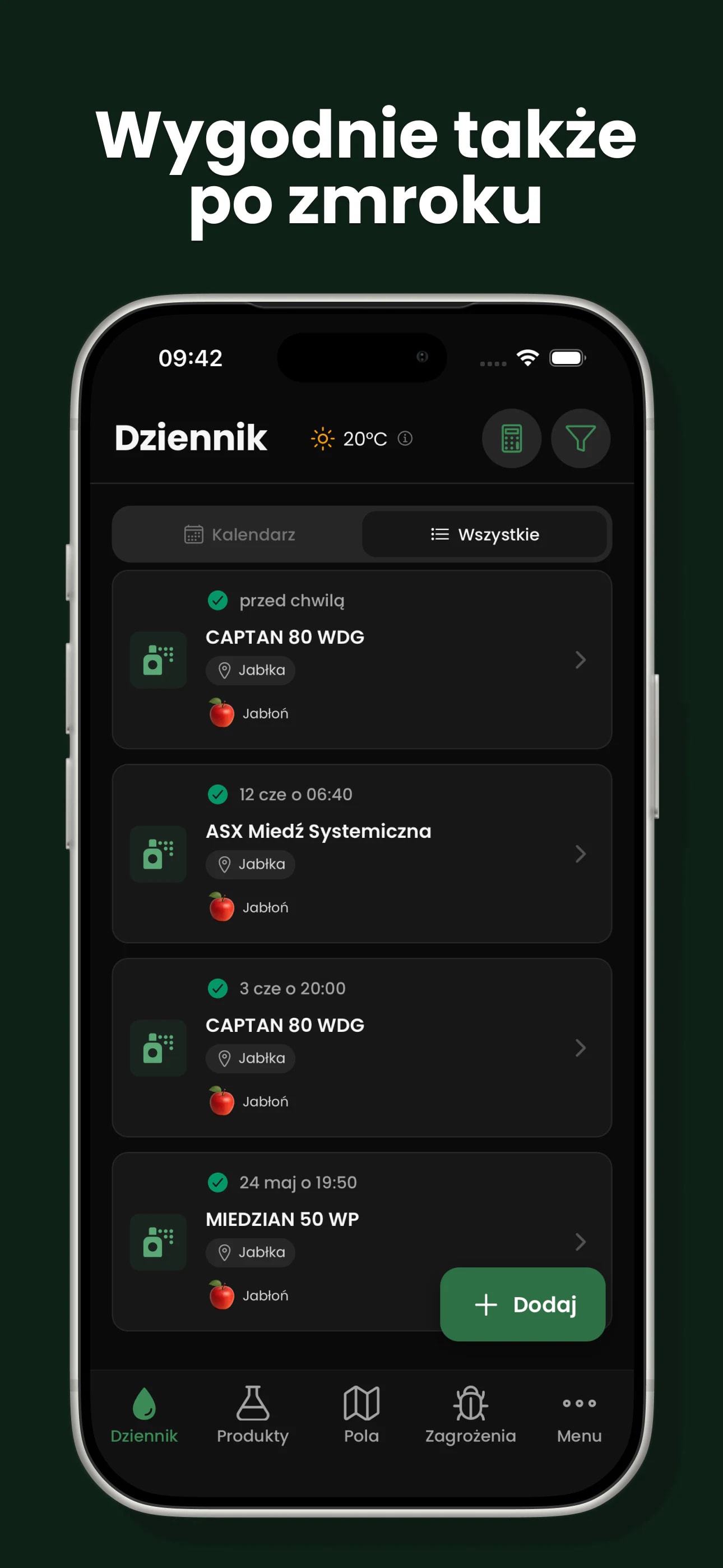 Dziennik zabiegów w trybie ciemnym